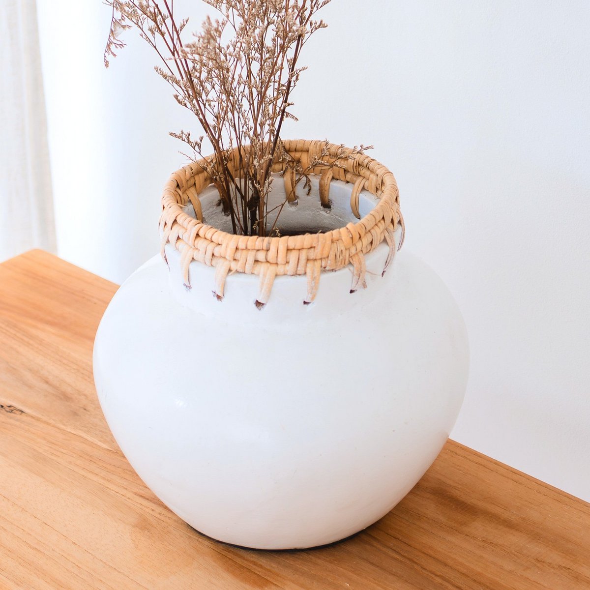 Vaas sier | Rond |  Klei Rotan | Boho |  (Ø 23 cm) TUBAN | Fair Trade